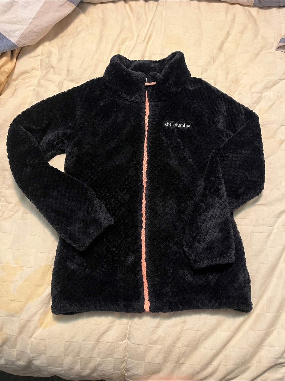 Columbia Black Plush Full-Zip Jacket with Pink Trim